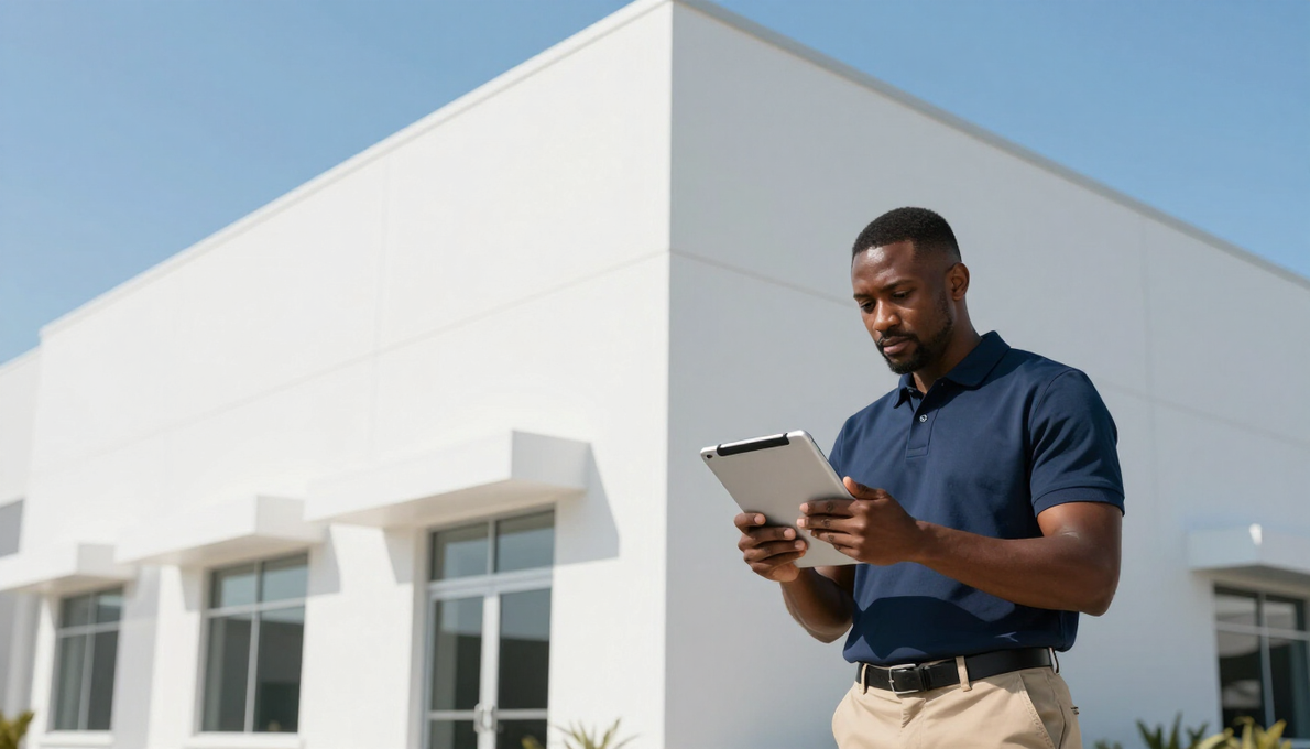 Person in a navy shirt using a tablet outside a modern white building under a clear blue sky