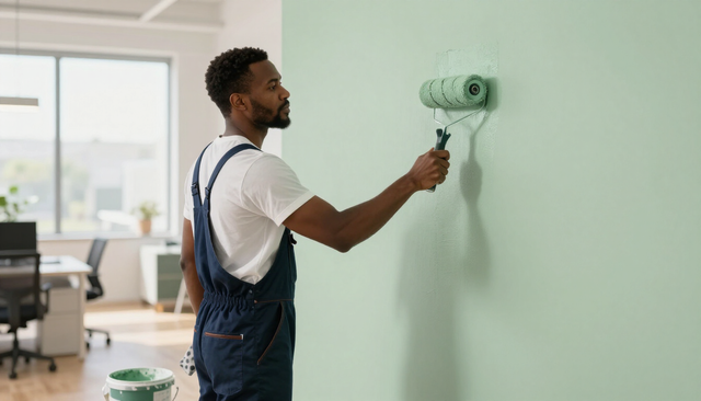 Painter using a roller to apply light green paint to a wall in an office space