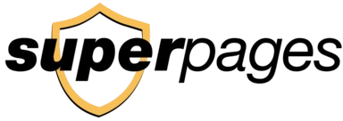 A logo for superpages with a shield in the middle.