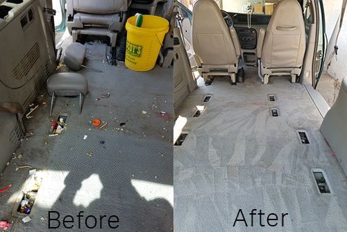 A before and after picture of the interior of a van.