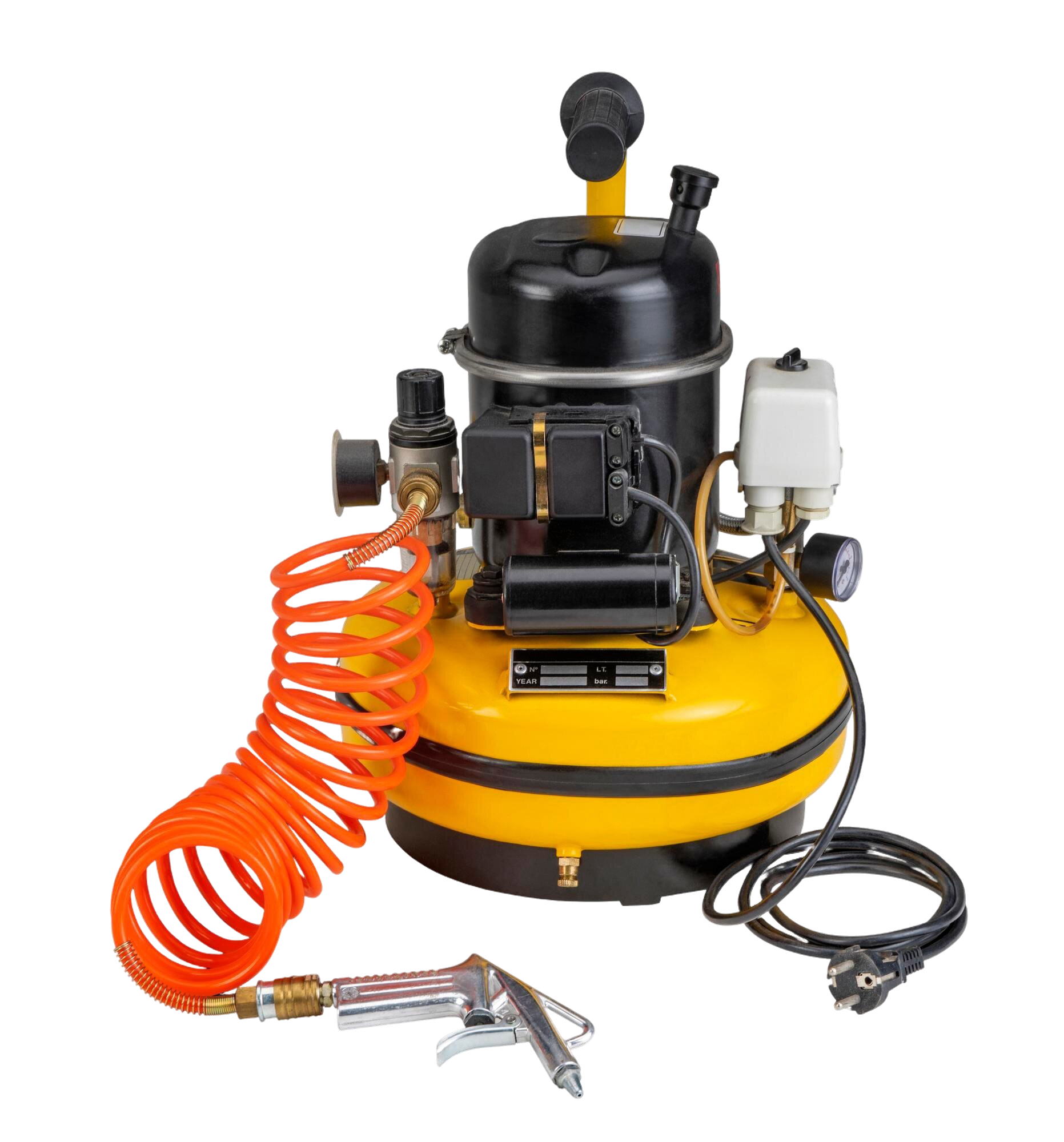 A yellow air compressor with a hose attached to it.
