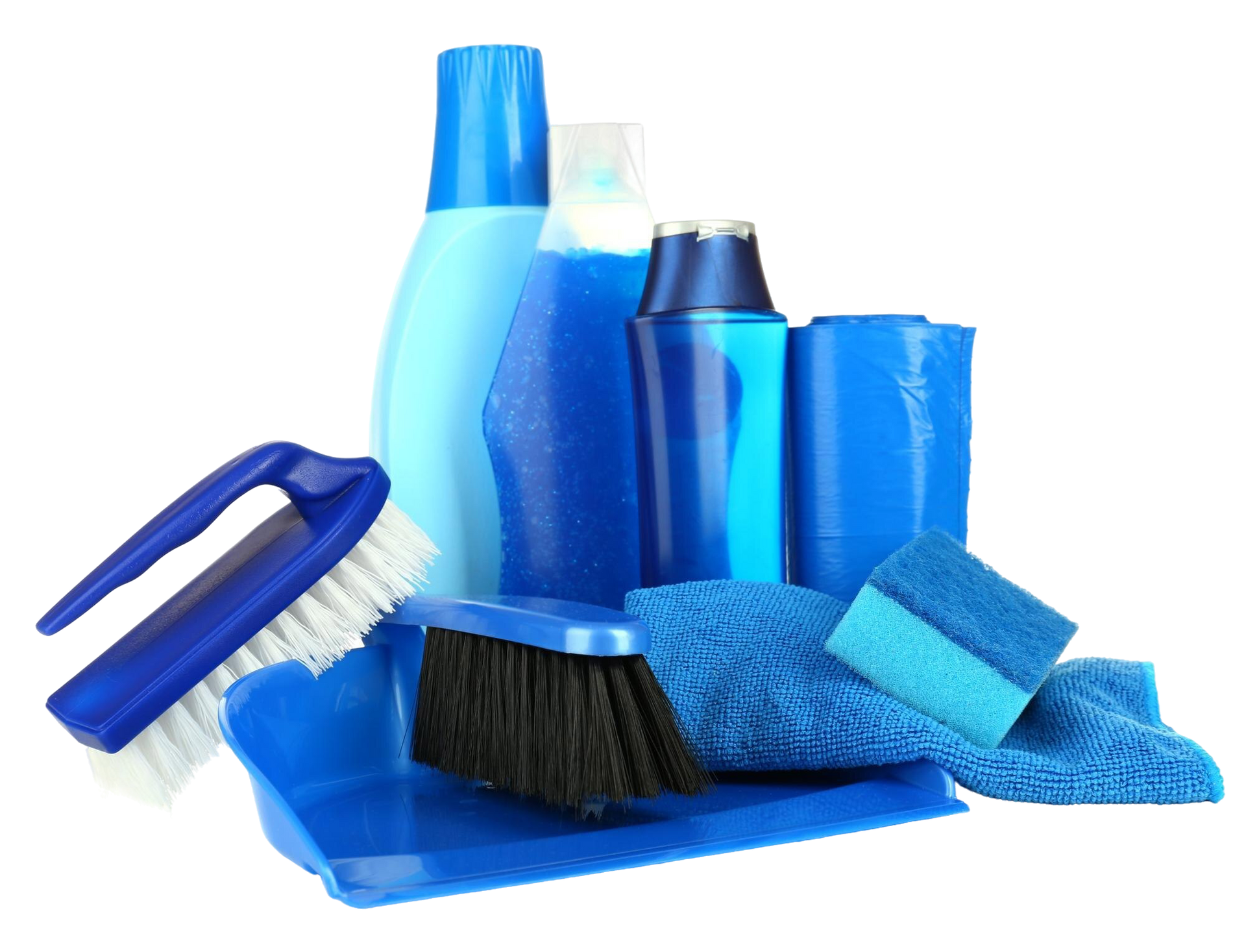 A bunch of blue cleaning supplies including brushes sponges and spray bottles