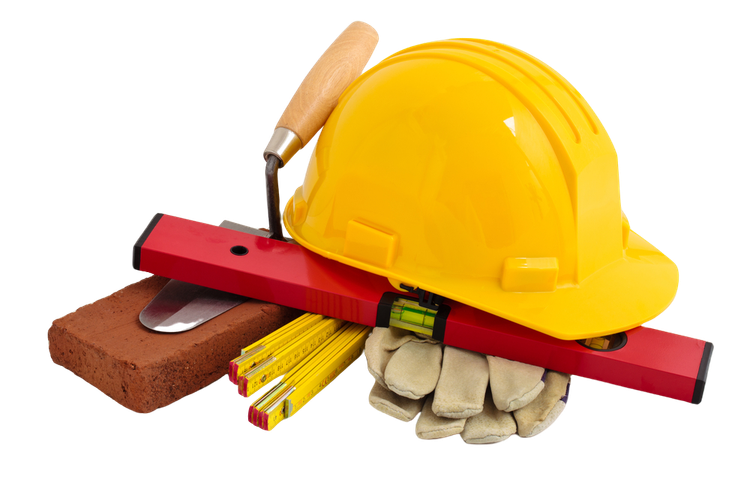 A yellow hard hat is sitting on top of a red level