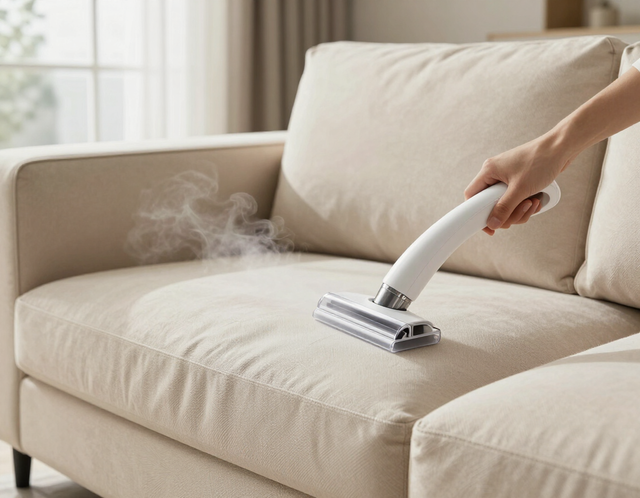Hand vacuum cleaning dust from a beige couch cushion
