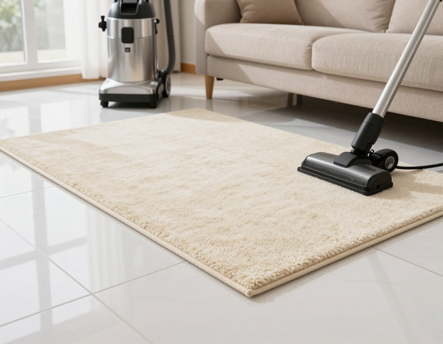 Vacuum cleaner on a cream rug in a bright living room with a sofa and tiled floor.