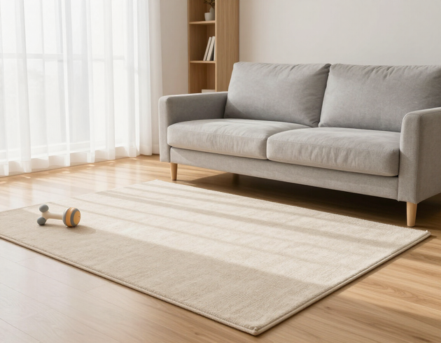 Bright living room with a gray sofa, cream rug, wooden floor, and small dumbbells near a window.