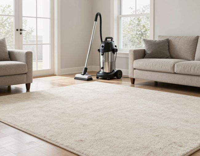 Vacuum cleaner on a light rug in a bright living room with sofas and large windows