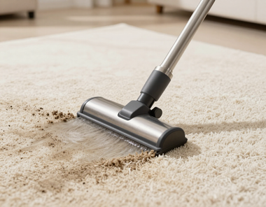 Vacuum cleaner head on beige carpet, cleaning dirt and dust