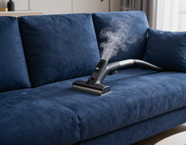 Handheld steam cleaner on a blue couch, emitting steam while cleaning the upholstery.