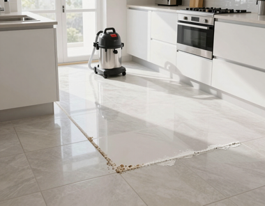 Robot vacuum on glossy kitchen tile near a large white tile repair area.