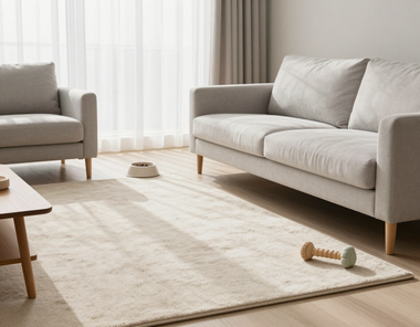 Bright living room with beige sofas, cream rug, and scattered dog toys by a window
