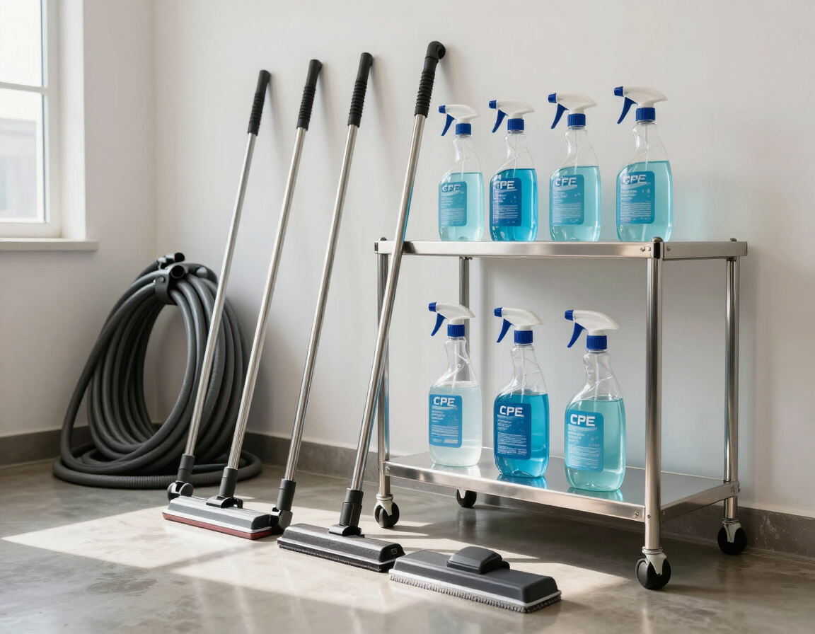 Cleaning supplies with mops, hoses, and spray bottles on a cart in a room