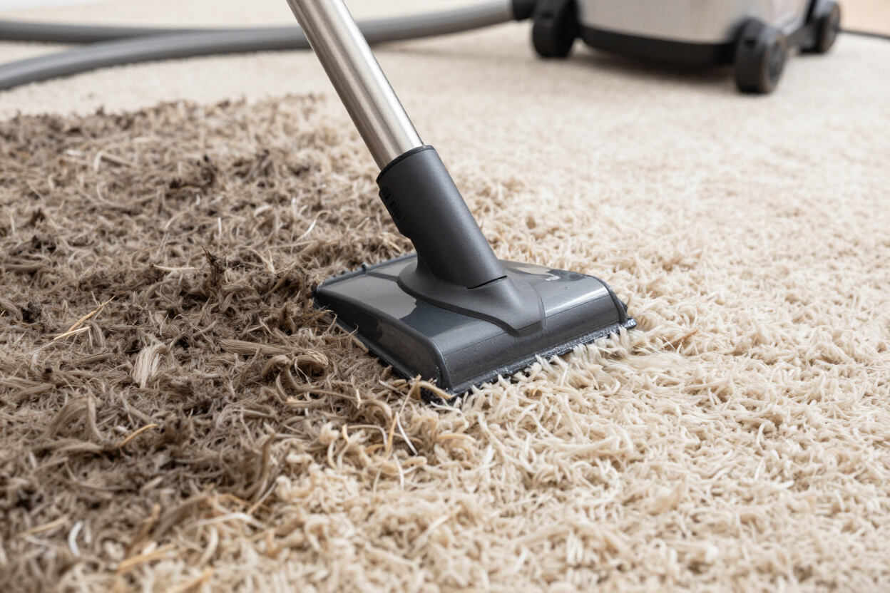 Vacuum cleaner head cleaning a beige carpet with visible dust and lint