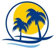 A blue circular outline frames a yellow sun, two blue palm trees, and stylized blue waves below.