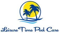 A blue circular outline frames a yellow sun, two blue palm trees, and stylized blue waves below.