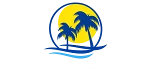 A blue circular outline frames a yellow sun, two blue palm trees, and stylized blue waves below.