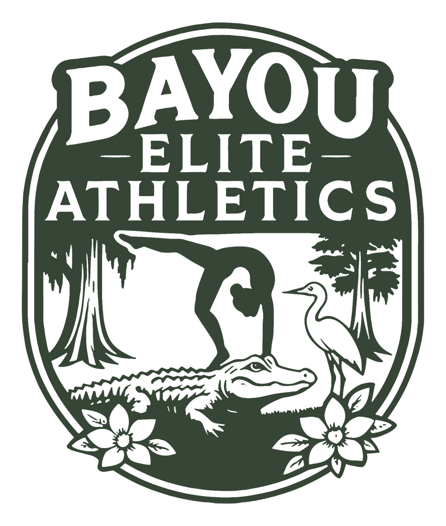 Bayou Elite Athletics logo: Silhouette of gymnast on alligator, egret, trees, flowers. Text:
