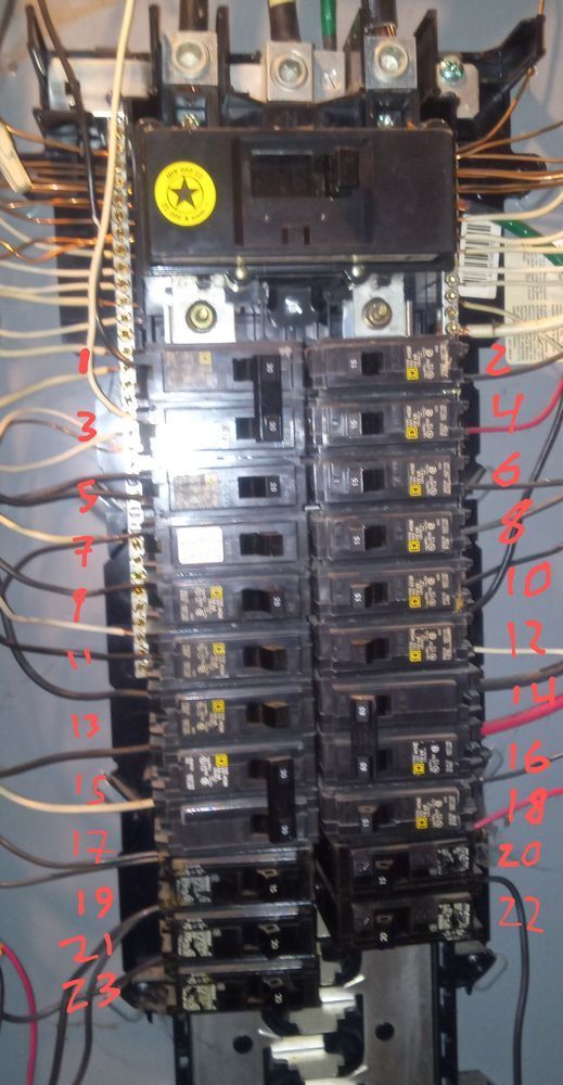 Electrical breaker panel with multiple switches and wiring, labeled 1-20.