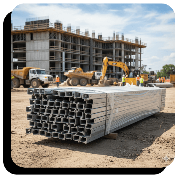 stack of unistrut channels at a commercial construction site