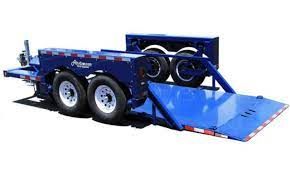 a blue trailer with two tires and a ramp on a white background .