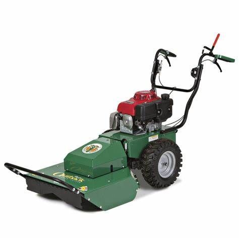 a green lawn mower with a honda engine on a white background .