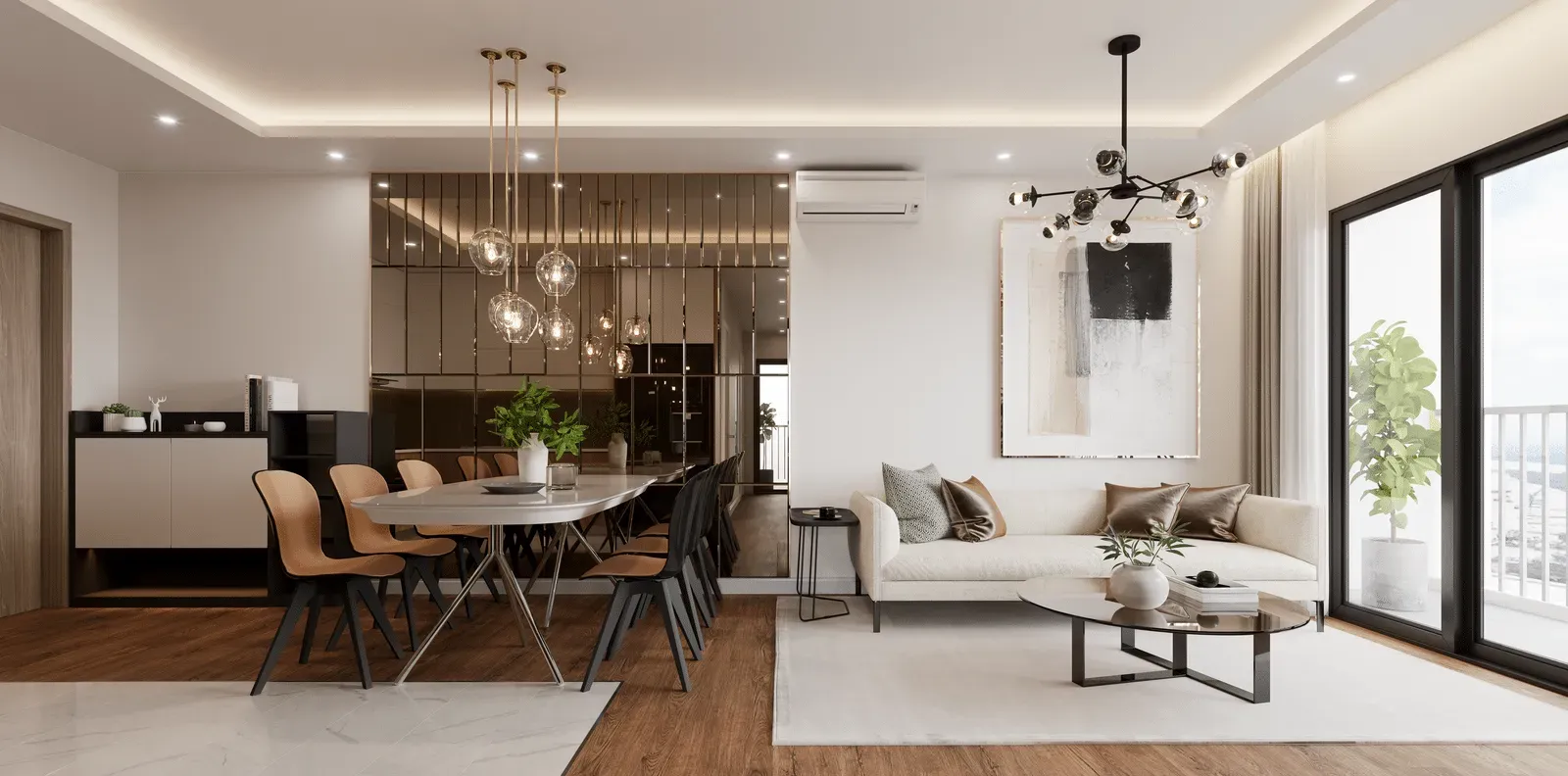 A living room with a couch , table and chairs.
