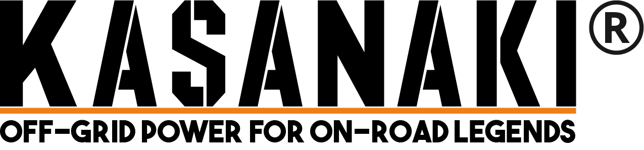 KASANAG logo with bold black text and slogan &ldquo;OFF-GRID POWER FOR ON-ROAD LEGENDS&rdquo; on a white background