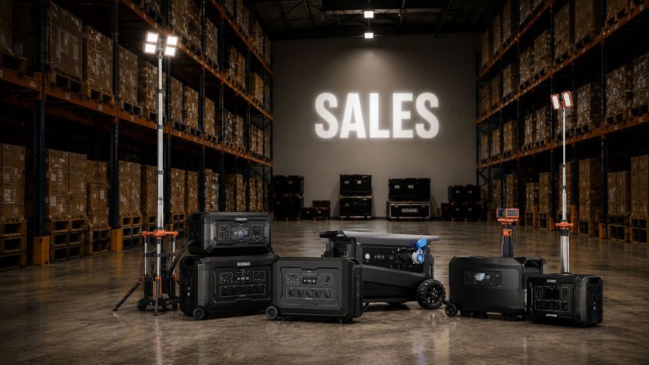 Industrial warehouse with stacked speaker systems and equipment under a large “SALES” sign.