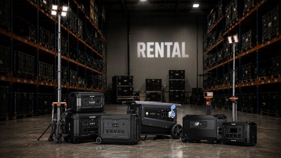 Rental warehouse with stacked equipment cases and lighting gear on a wet floor, “RENTAL” on the back wall