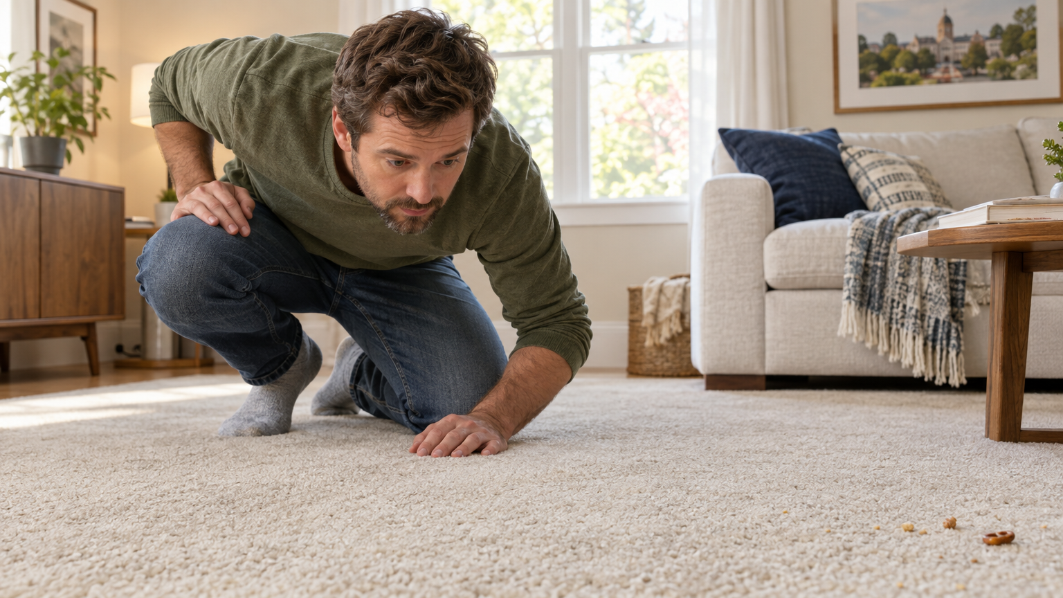 Man kneeling in a living room to inspect crumbs on carpet before professional carpet cleaning