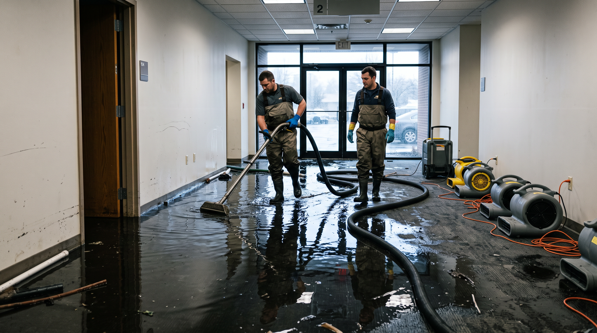 water damage floor clean up with driers and mold prevention