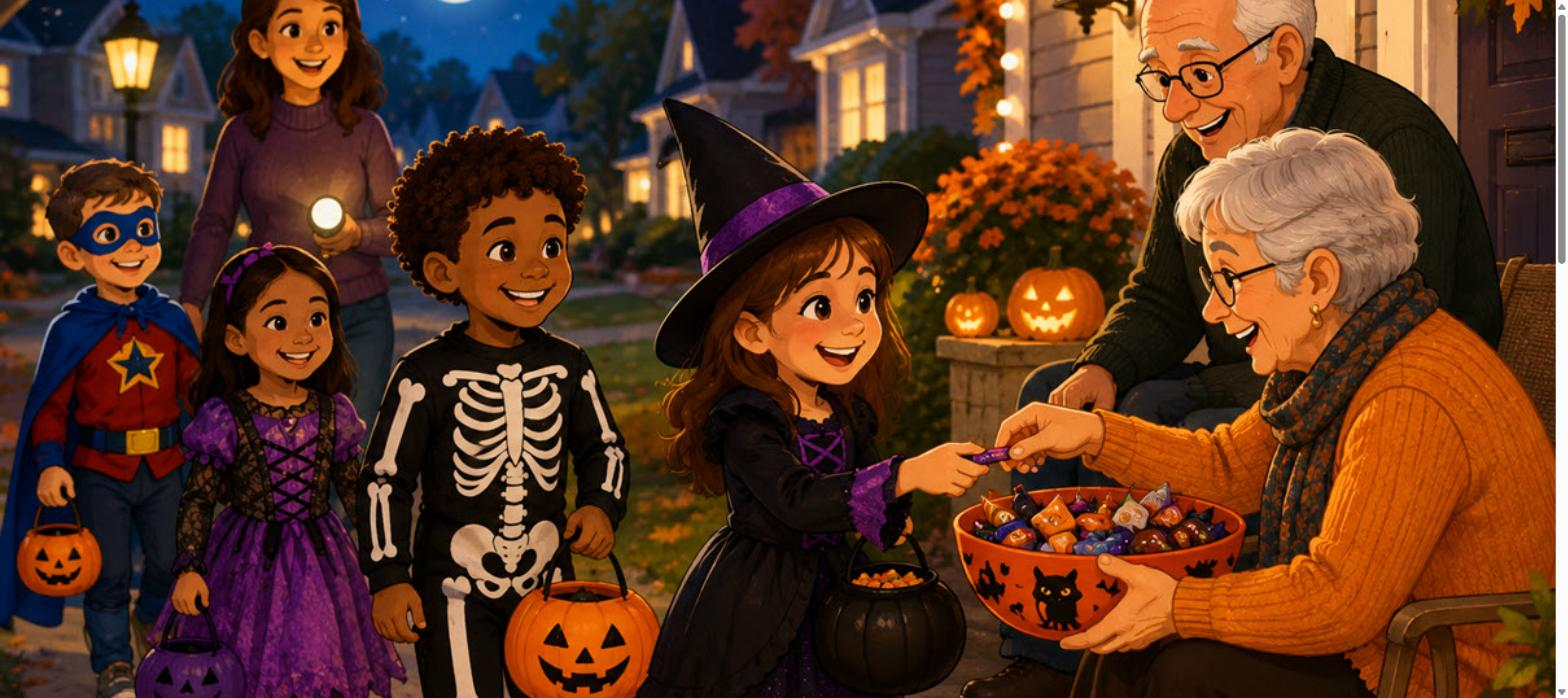 Illustrated children in Halloween costumes trick-or-treating at a decorated doorstep