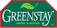 GreenStay Hotel & Suites logo in green and white with leaf graphic