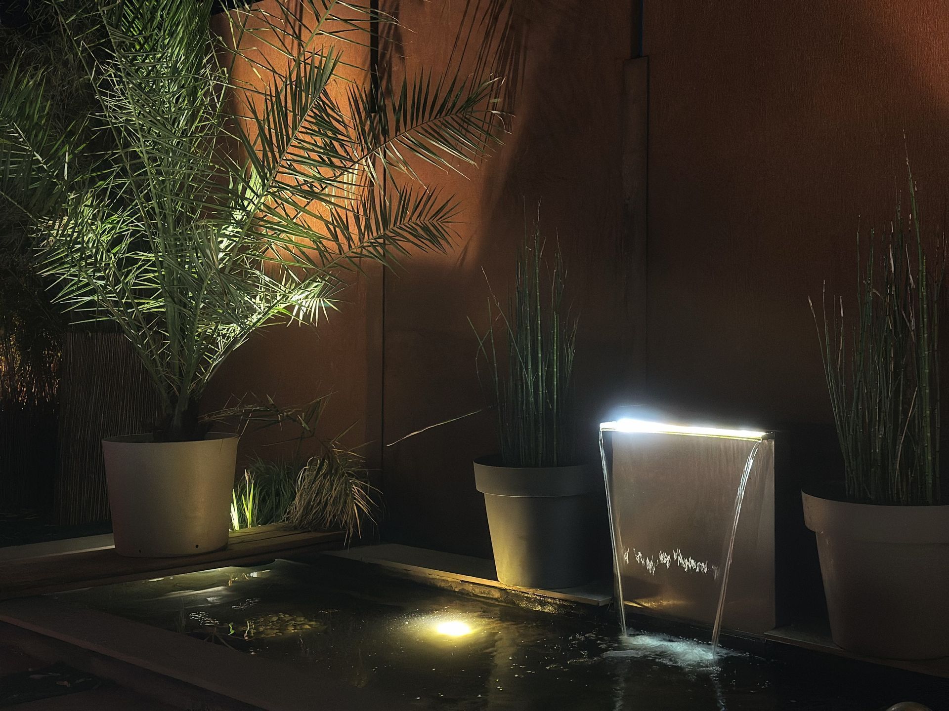 Jardin tropical privatif de W’O à Waterloo la nuit, avec jacuzzi extérieur