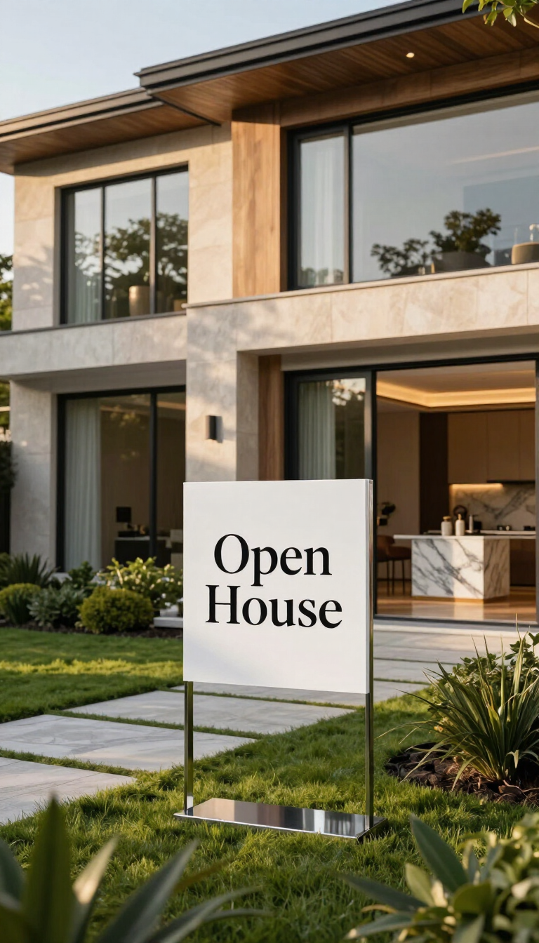 Modern house exterior with an “Open House” sign in the front yard