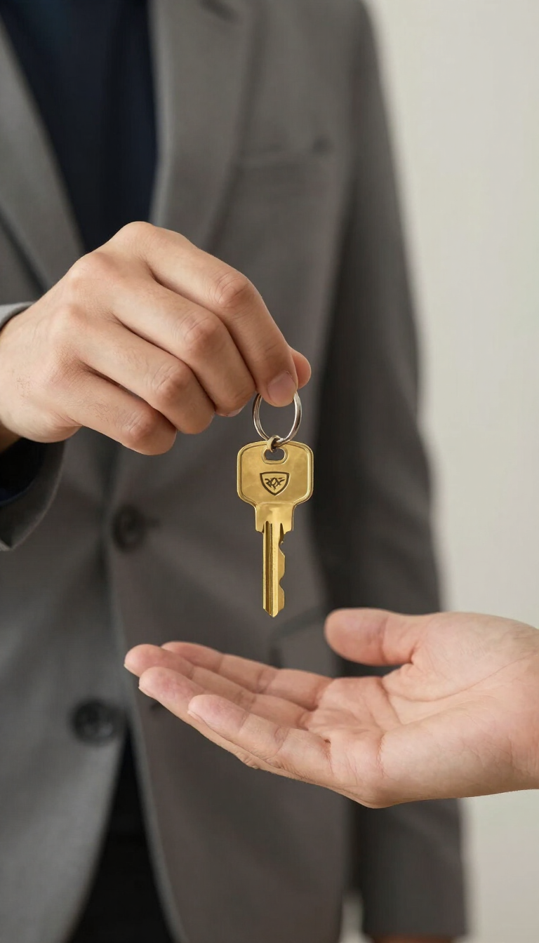 Handing over a gold key to an outstretched hand