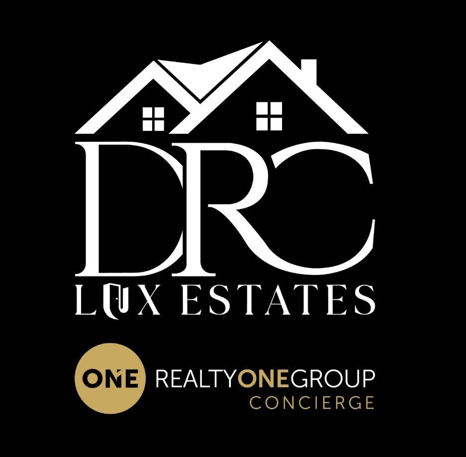 White DRC Lux Estates logo with house roof icon and Realty One Group Concierge branding on black background