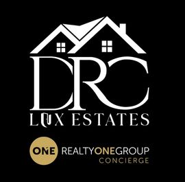 White DRC Lux Estates logo with house roof icon and Realty One Group Concierge branding on black background