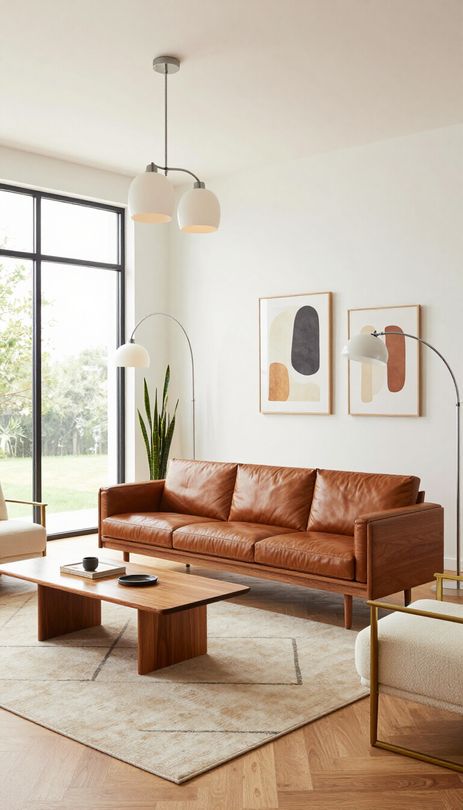Modern living room with tan leather sofa, wooden coffee table, cream rug, and large windows.