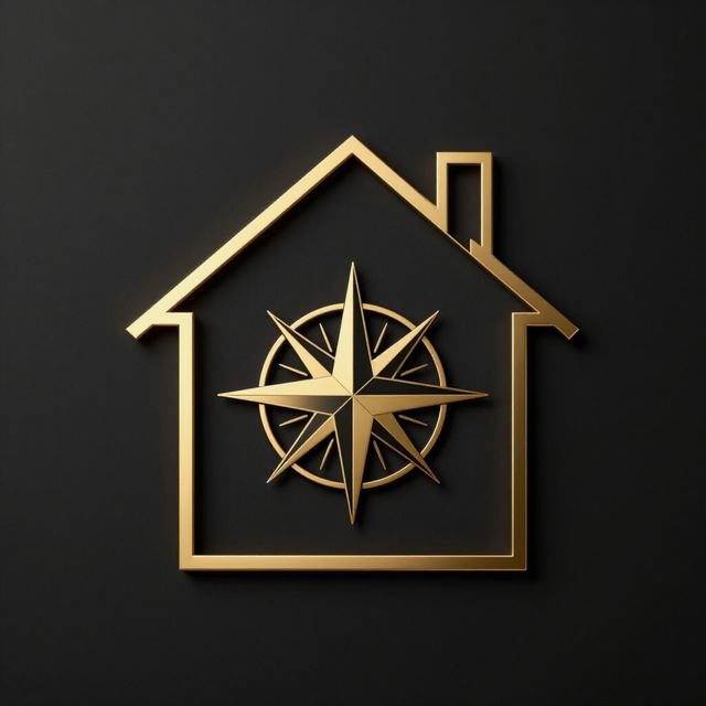 Gold house outline with a compass rose emblem on a dark background