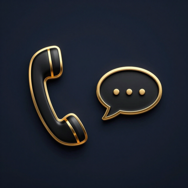 Gold phone handset and chat bubble icons on a dark background