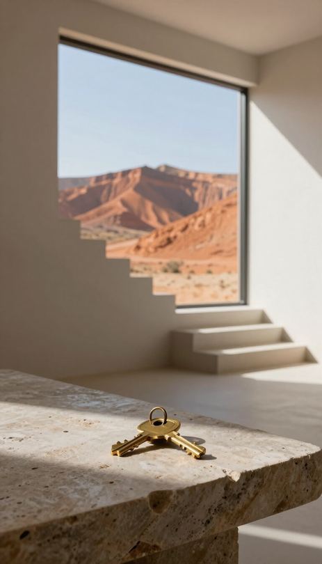 Gold key on a concrete ledge by a window overlooking red desert hills