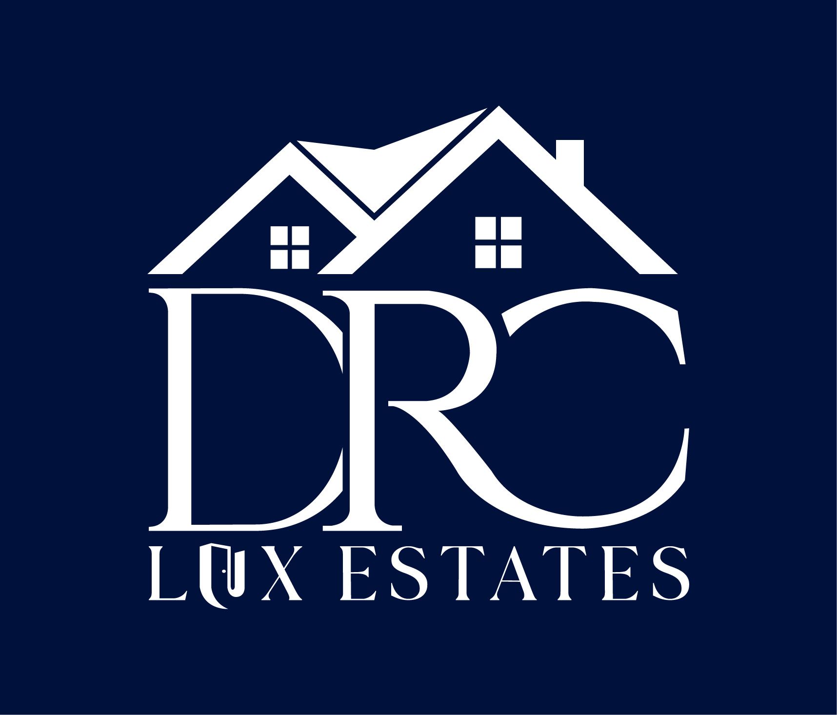 White logo featuring a stylized house icon above the text "DRC LUX ESTATES" on a dark blue background.
