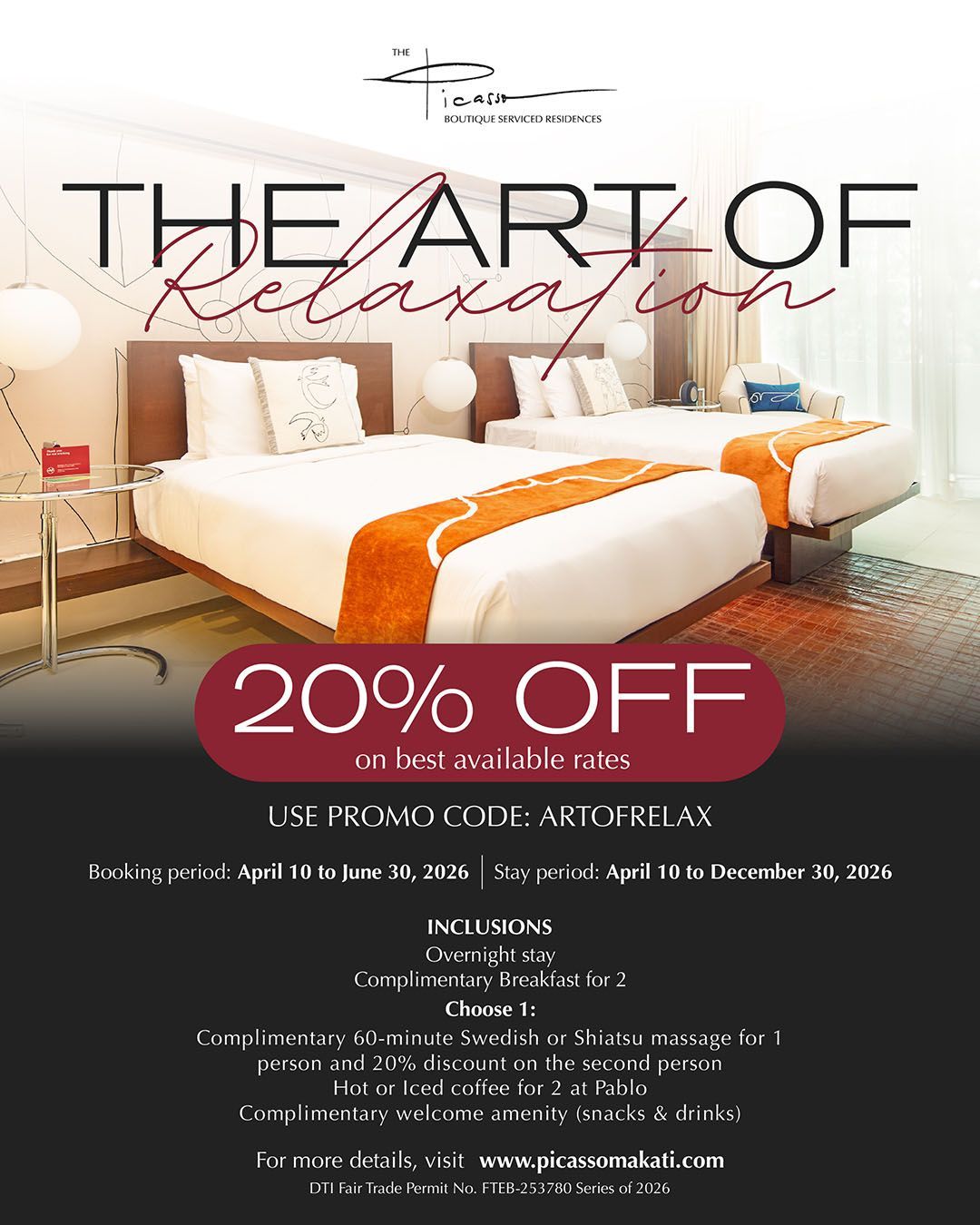 Hotel room promo with orange and beige beds, “The Art of Relaxation,” and 20% off offer