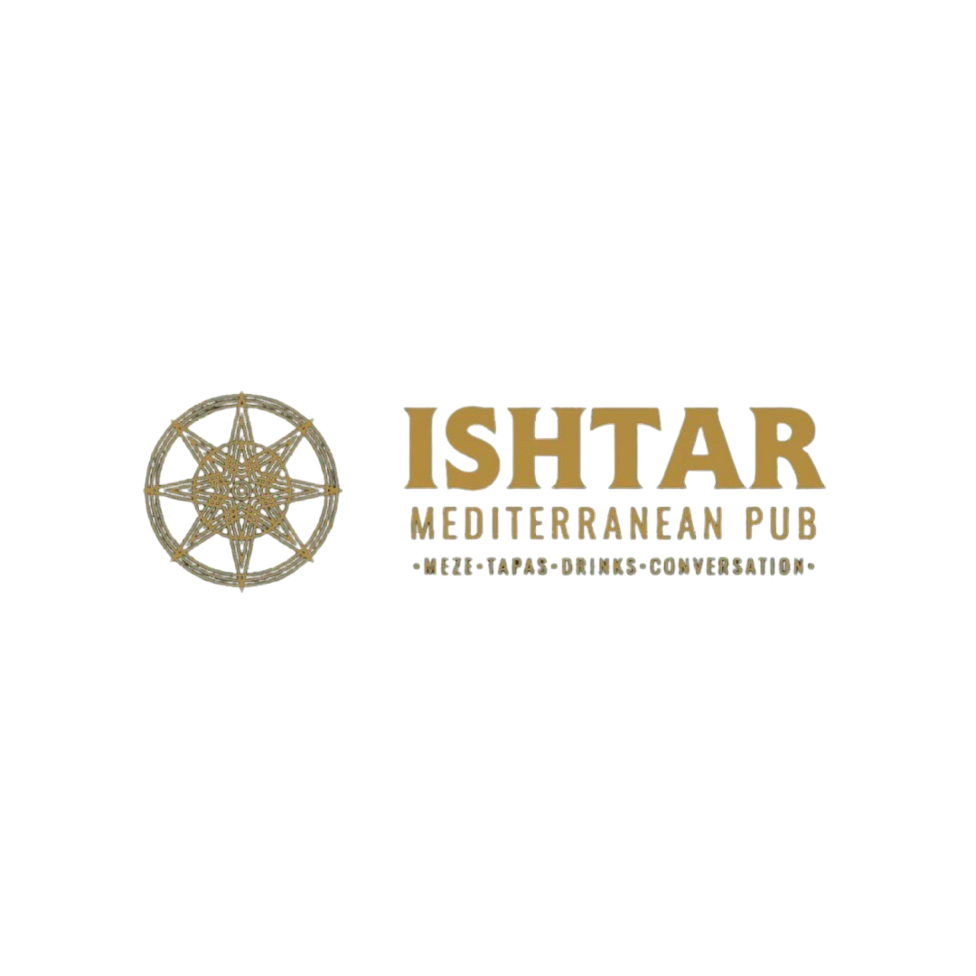 Gold Ishtar Mediterranean Pub logo with geometric emblem and small tagline text