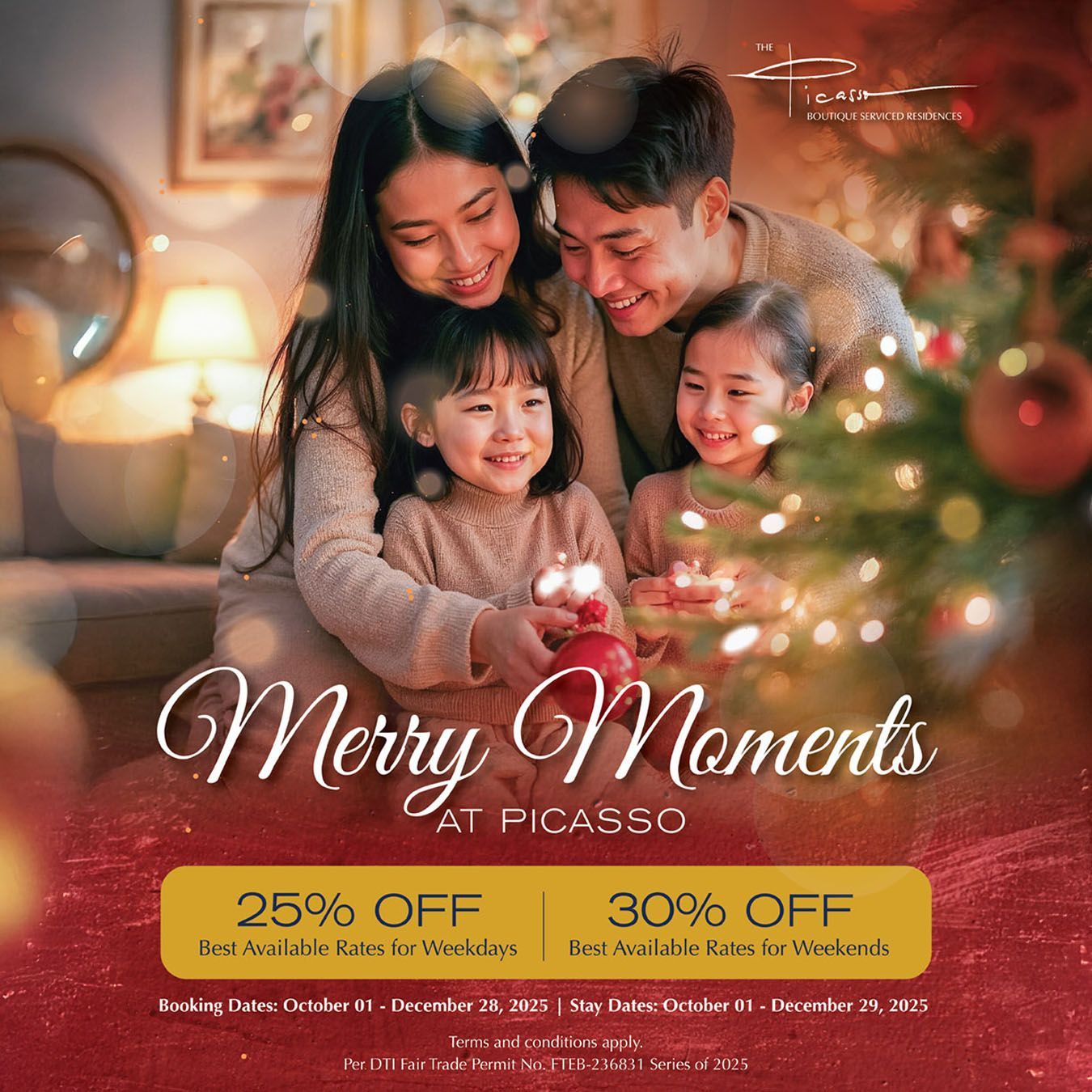 Family smiling around a Christmas tree, advertisement for Picasso hotel. Offers 25% off weekdays, 30% off weekends.