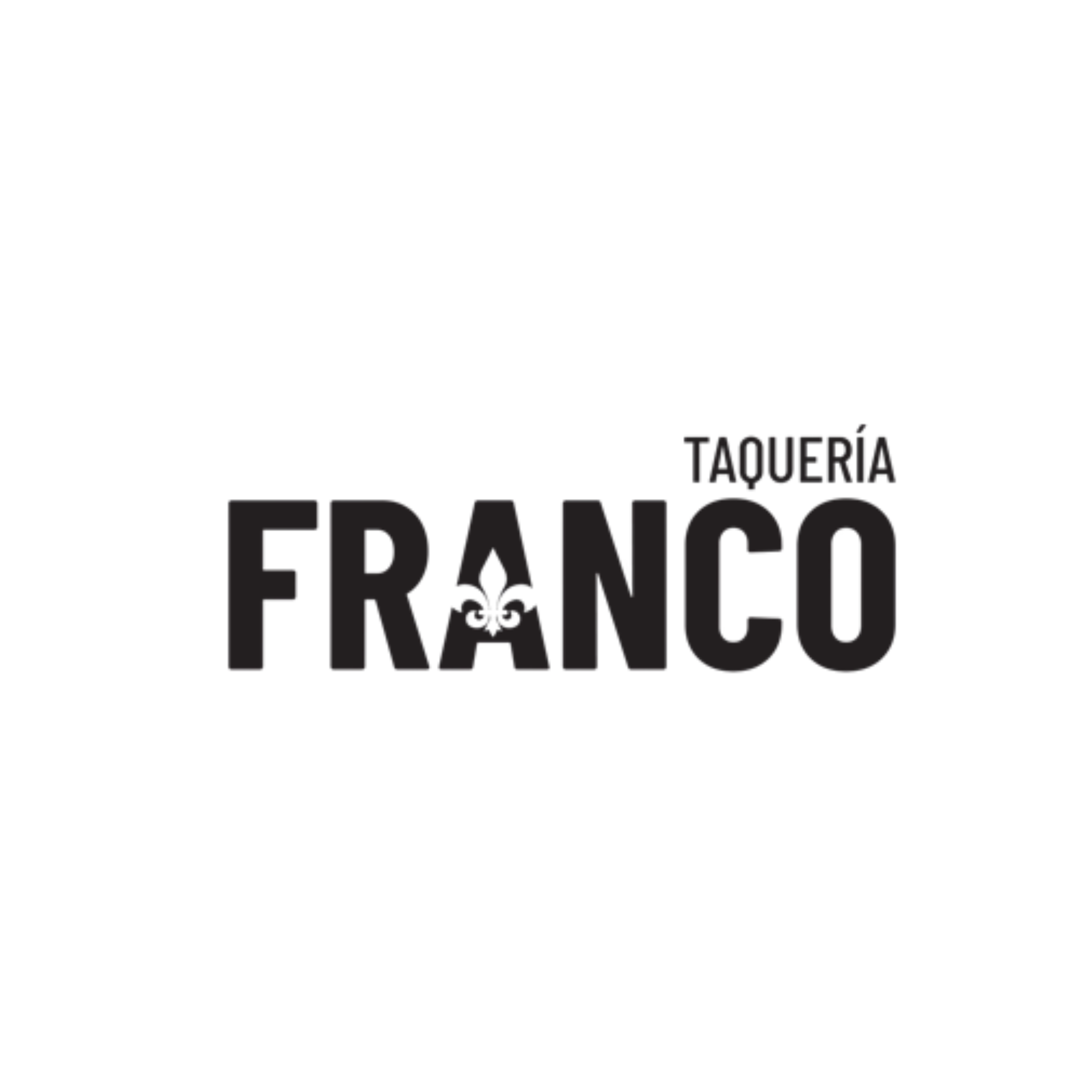 Logo de Taquería Franco en negro sobre fondo blanco, con ícono de un taco en la letra A.