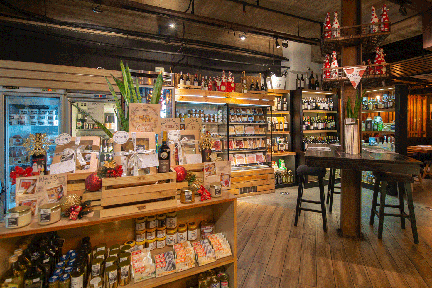 A store filled with lots of food and drinks including a martini glass