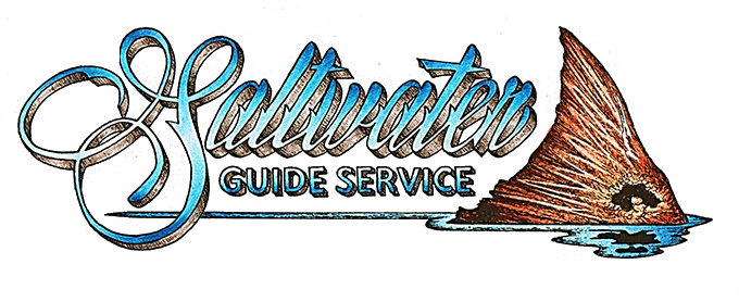 A logo for seawater guide service with a fish tail in the water.