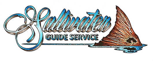 A logo for seawater guide service with a fish tail in the water.